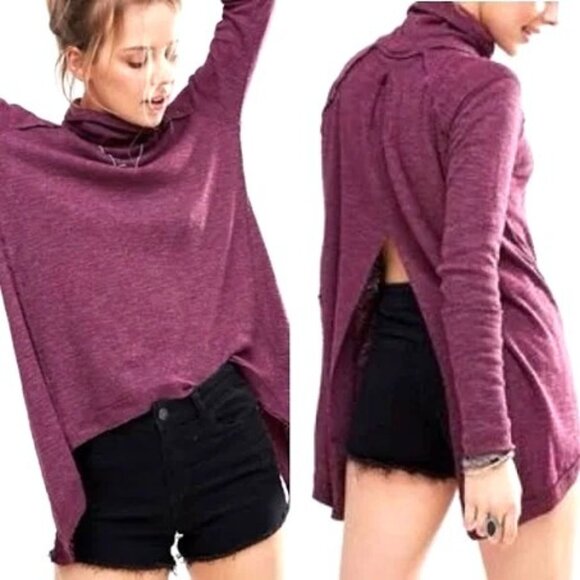 Free People Womens Top Size M Thermal Shirt Split Back Raw Hem Thermal Shirt Hig - Picture 1 of 12